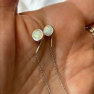 Threader Sterling Silver Created Opal Circle Long Chain Earrings
